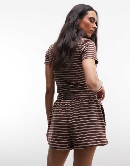 Cernucci soft touch boxer shorts co-ord in chocolate brown double stripe, 4 of 5