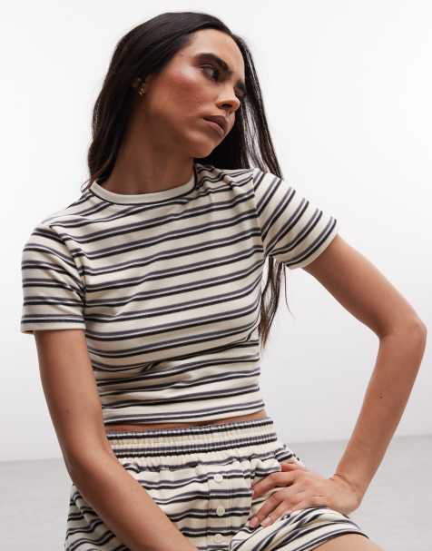 Cernucci soft touch crop top in blue and cream double stripes - part of a set - view 1