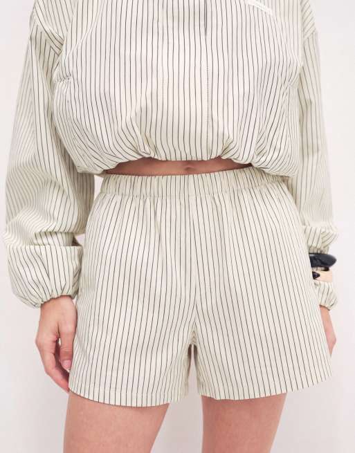 Cernucci stripe nylon pull-on shorts co-ord in butter yellow, 4 of 9