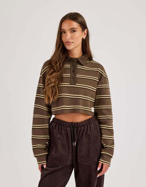 Cernucci Striped cropped polo top in brown - view 1