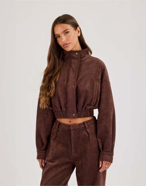 Cernucci Suede cropped funnel neck jacket in brown - view 1