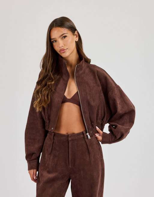 Cernucci Suede cropped funnel neck jacket in brown, 2 of 4