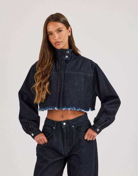 Cernucci Super crop funnel neck denim jacket in blue - view 1