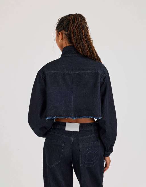 Cernucci Super crop funnel neck denim jacket in blue, 2 of 4
