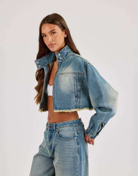 Cernucci Super crop funnel neck denim jacket in blue - view 1