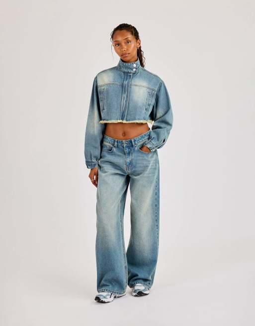 Cernucci Super crop funnel neck denim jacket in blue, 4 of 4