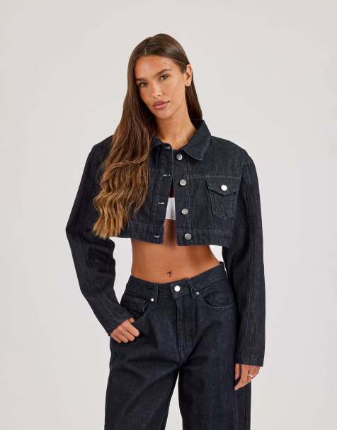 Cernucci Super crop shoulder pad denim jacket in blue - view 1