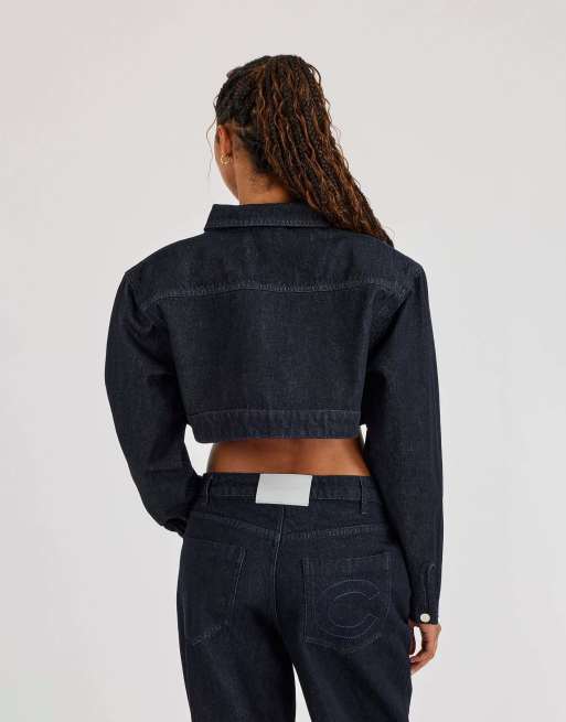 Cernucci Super crop shoulder pad denim jacket in blue, 2 of 4