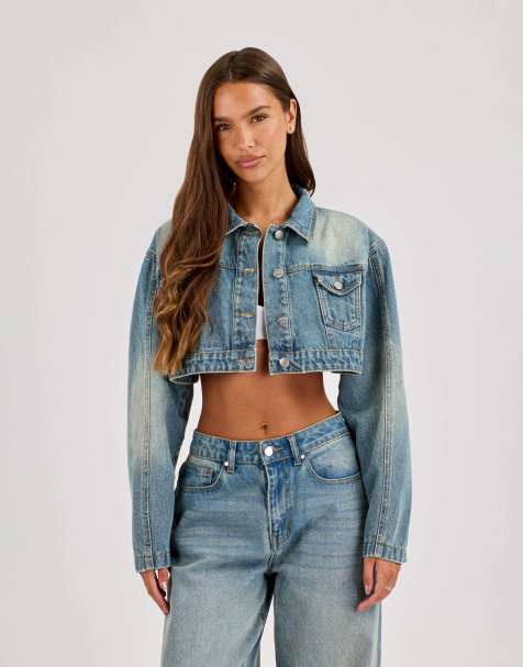 Cernucci Super crop shoulder pad denim jacket in blue - view 1