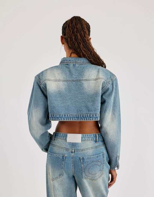 Cernucci Super crop shoulder pad denim jacket in blue, 2 of 4