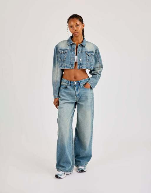 Cernucci Super crop shoulder pad denim jacket in blue, 4 of 4