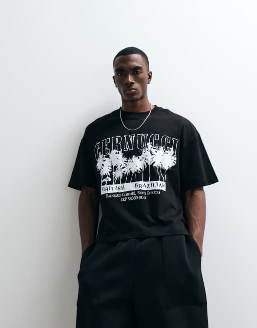 Cernucci T-shirt oversize squadrata in 100% cotone con grafica frontale con palma e logo, 3 di 5