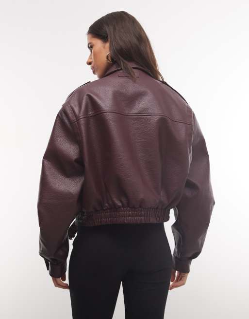 Cernucci textured faux leather funnel neck biker jacket in burgundy, 4 of 4