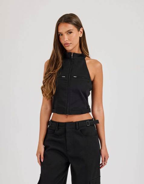 Cernucci Twill fitted funnel neck sleeveless top in black