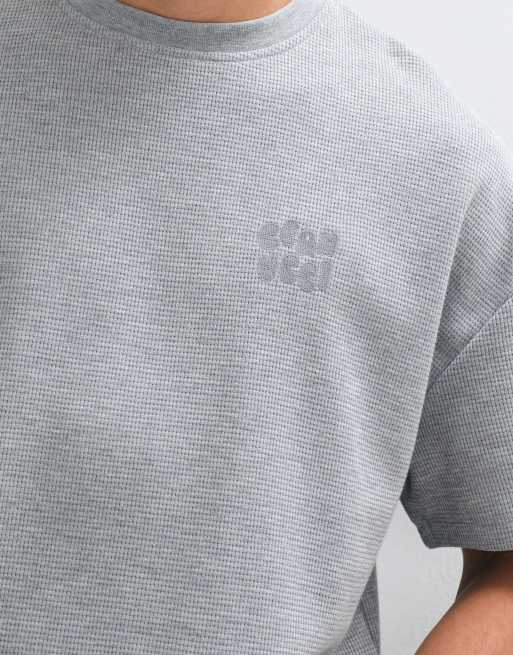 Cernucci waffle boxy fit t-shirt with chain stitch logo back print in grey, 2 of 5