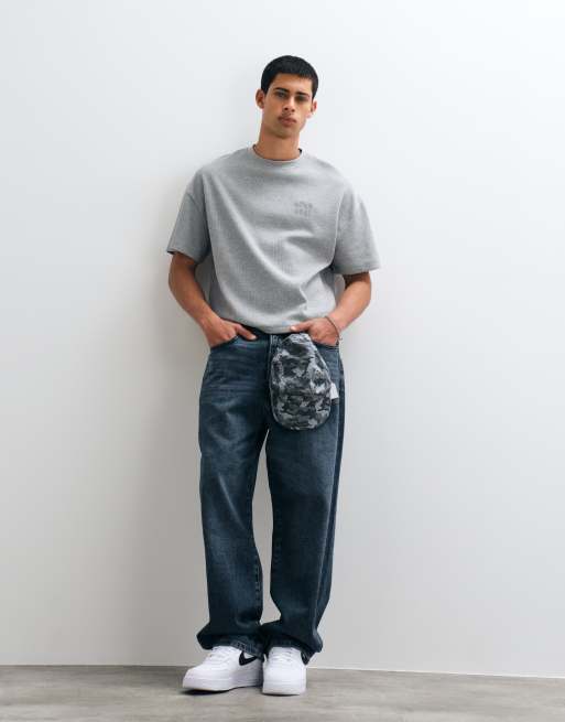 Cernucci waffle boxy fit t-shirt with chain stitch logo back print in grey, 4 of 5