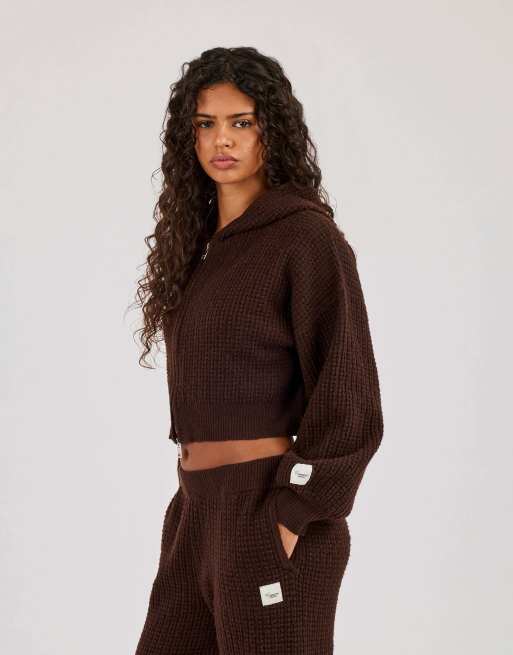 Cernucci Waffle knit cropped zip through hoodie in brown, 3 of 4