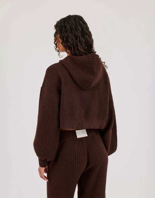 Cernucci Waffle knit cropped zip through hoodie in brown, 4 of 4