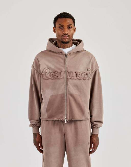 Cernucci Washed applique zip through hoodie in brown, 3 of 4