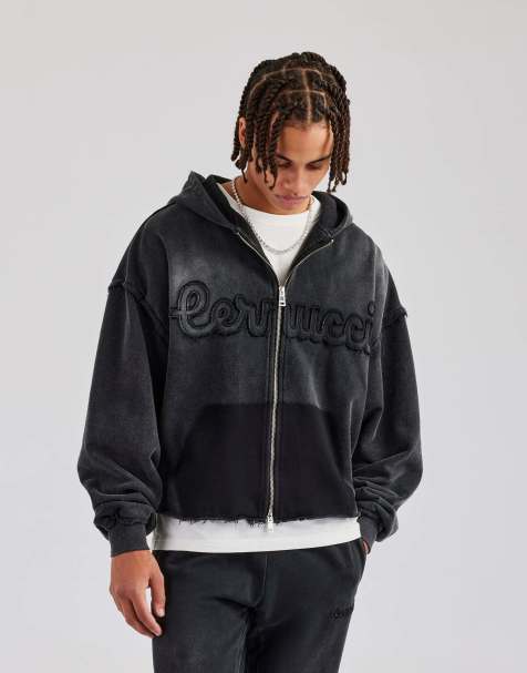 Cernucci Washed applique zip through hoodie in grey - view 1