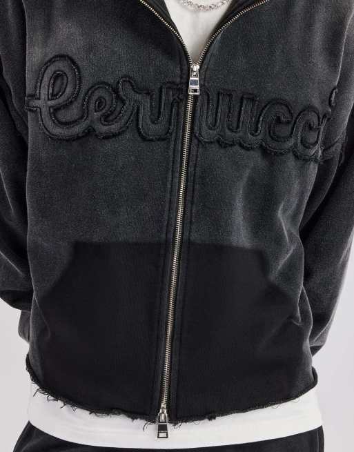 Cernucci Washed applique zip through hoodie in grey, 2 of 5