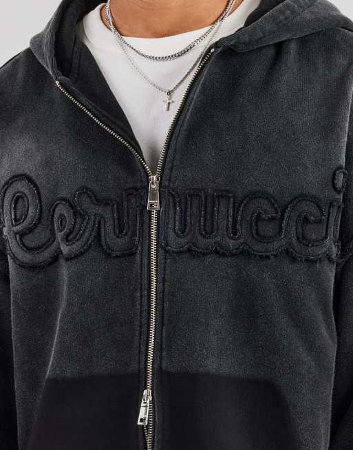 Cernucci Washed applique zip through hoodie in grey, 4 of 5