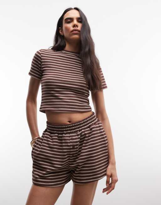 Cernucci - Zachte short in boxerstijl met dubbele strepen in chocoladebruin, deel van co-ord set, 2 van 5