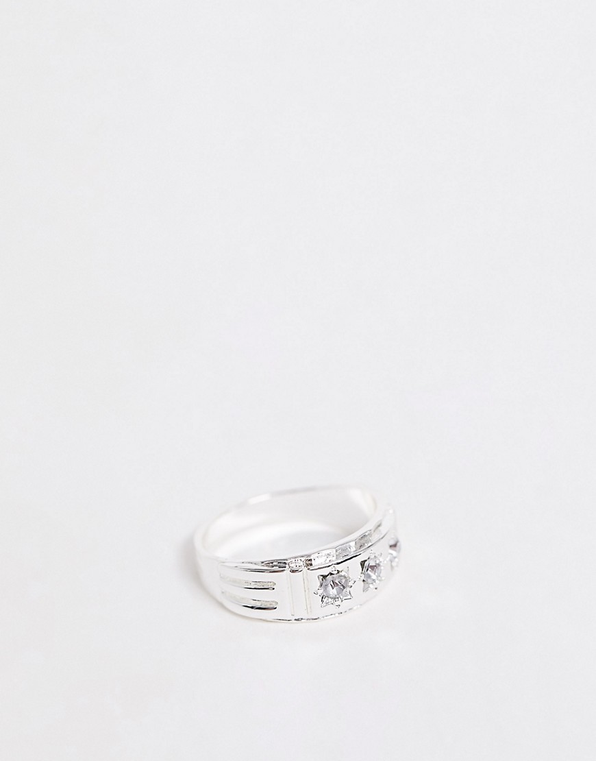 Chained & Able band ring with stone detail in silver