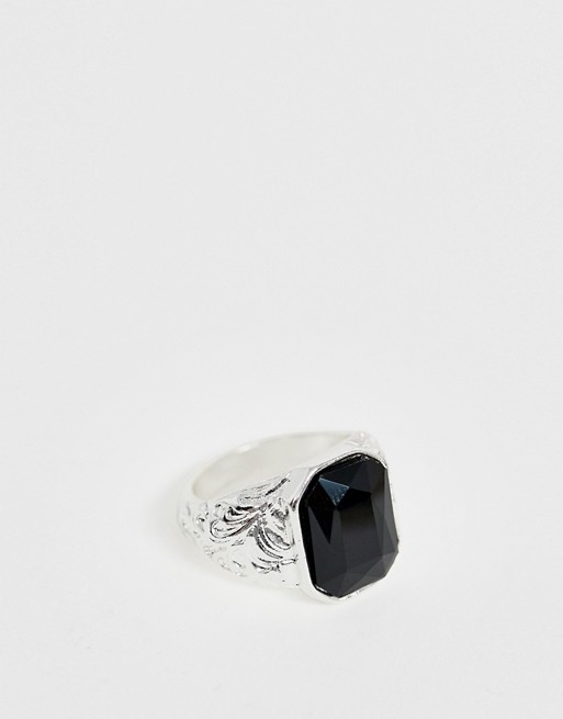 Chained & Able black stone signet ring in silver