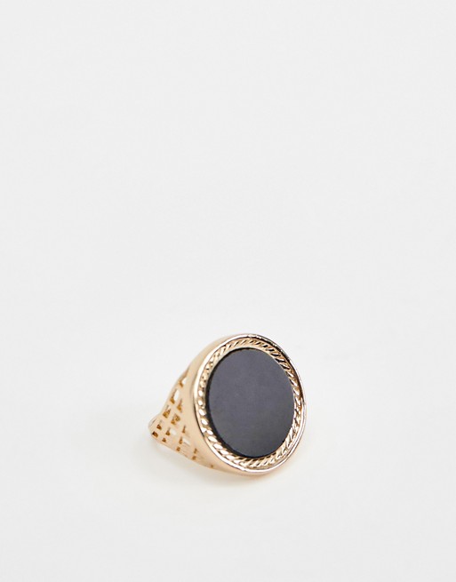 Chained & Able chunky gold ring with black stone