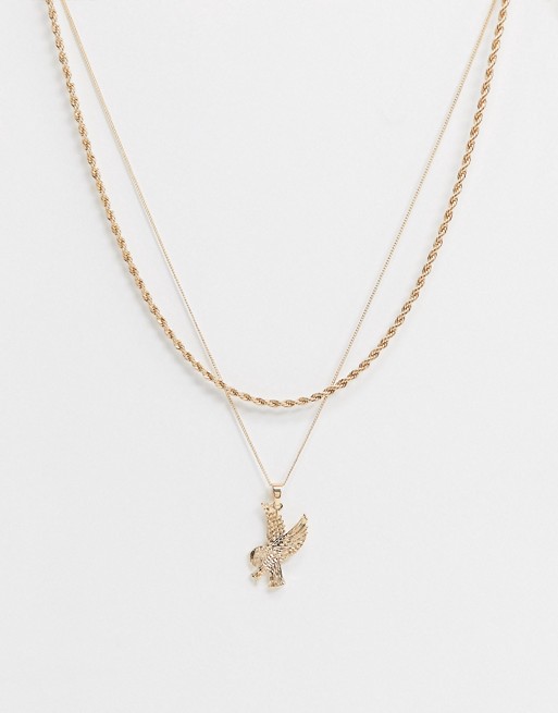 Chained & Able double layer eagle pendant necklace in gold
