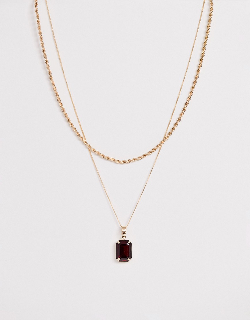 Chained & Able double layer neck chain with red pendant in gold