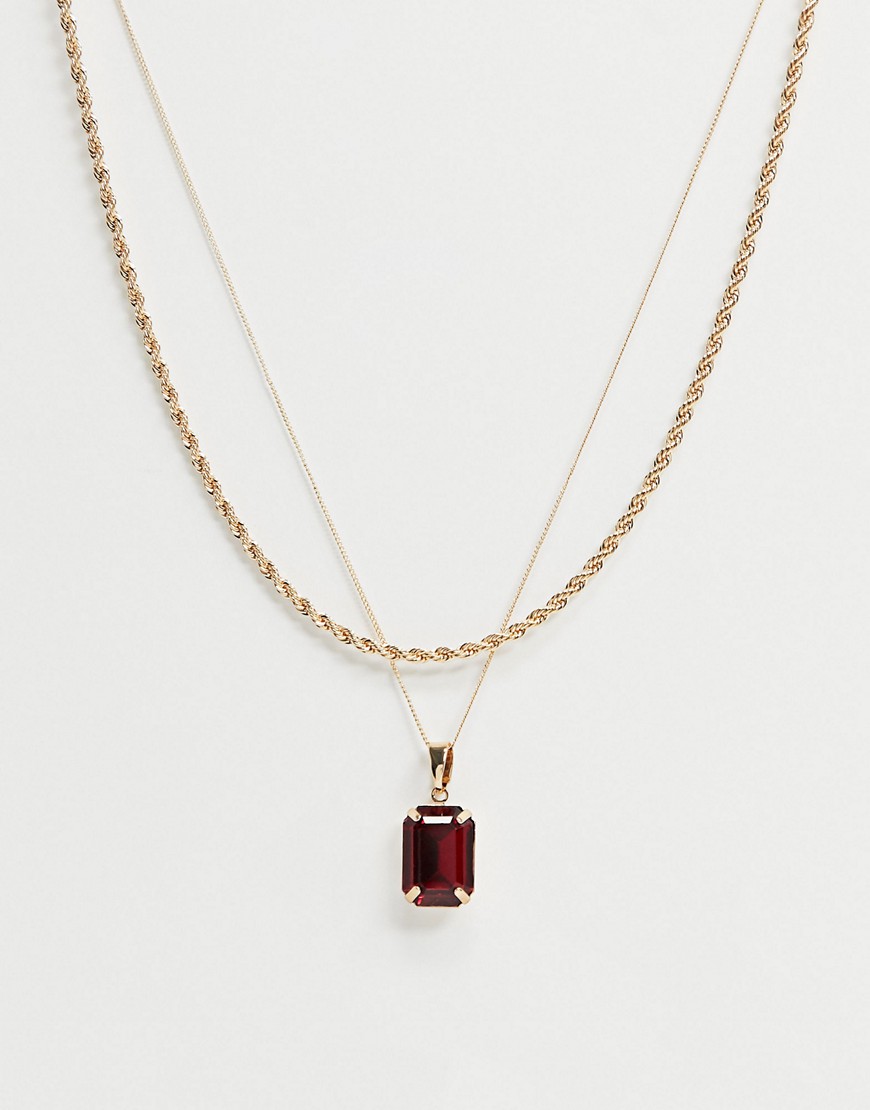Chained & Able - Gelaagde ketting met rode steen in goud