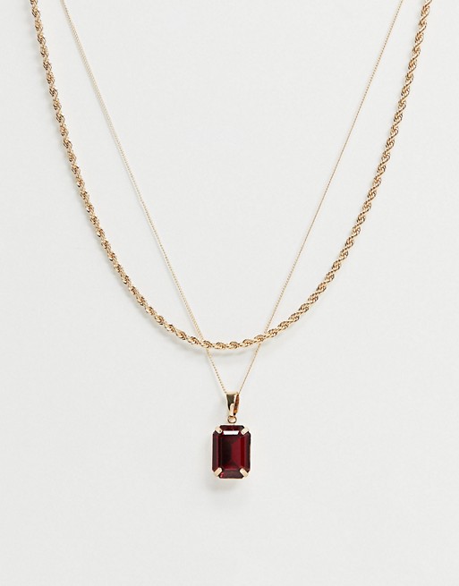 Chained & Able red stone pendant layered necklace in gold