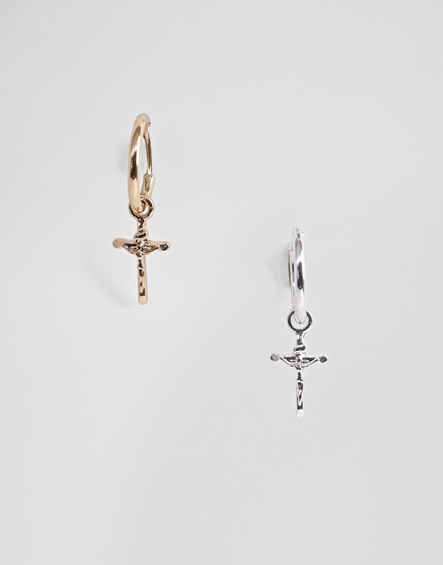 Chained & Able silver & gold crucifix hoop earrings-Multi