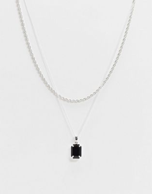 Chained & Able – Silverfärgat halsband i flera lager med svart stenberlock
