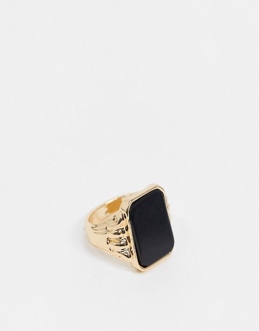 Chained & Able square signet ring in gold with black stone