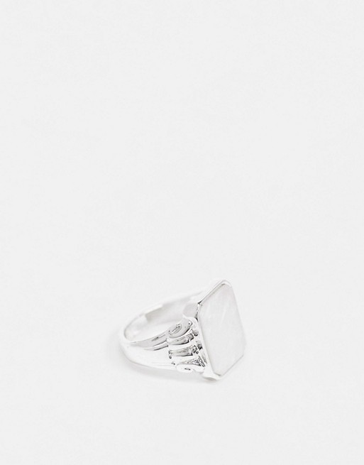 Chained & Able square signet ring in silver with pearl stone