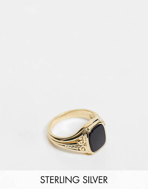 Jewellery Chained & Able sterling silver gold plated signet ring with square onyx stone and scroll detail 