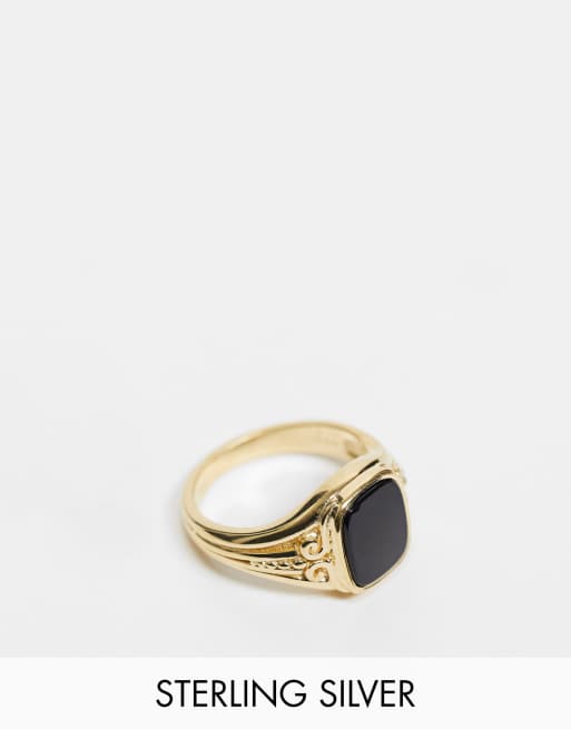 Chained Able Sterling Silver Gold Plated Signet Ring With Square Onyx Stone And Scroll Detail Asos