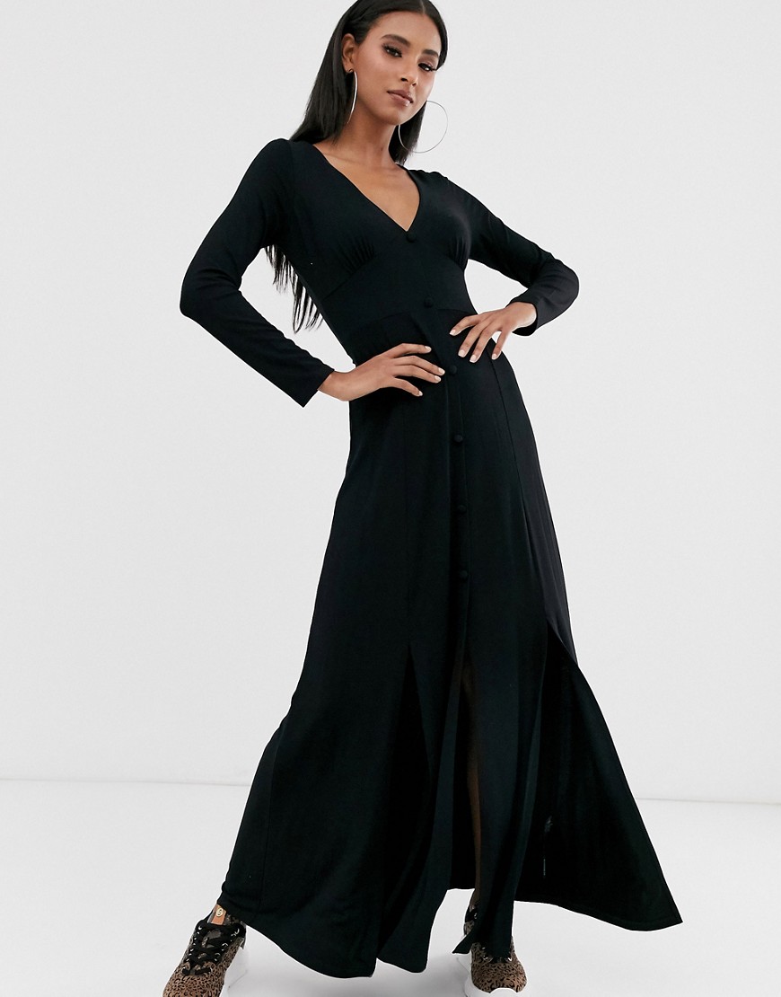 фото Чайное платье макси на пуговицах с длинными рукавами и разрезами asos design-черный