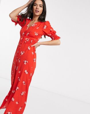 фото Чайное платье макси на пуговицах с присборенной талией и цветочным принтом asos design-мульти