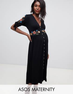 фото Чайное платье миди на пуговицах с вышивкой asos design maternity-черный asos maternity