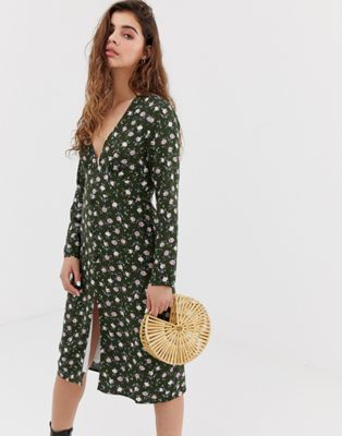 фото Чайное платье миди с длинными рукавами и винтажным цветочным принтом wild honey-зеленый