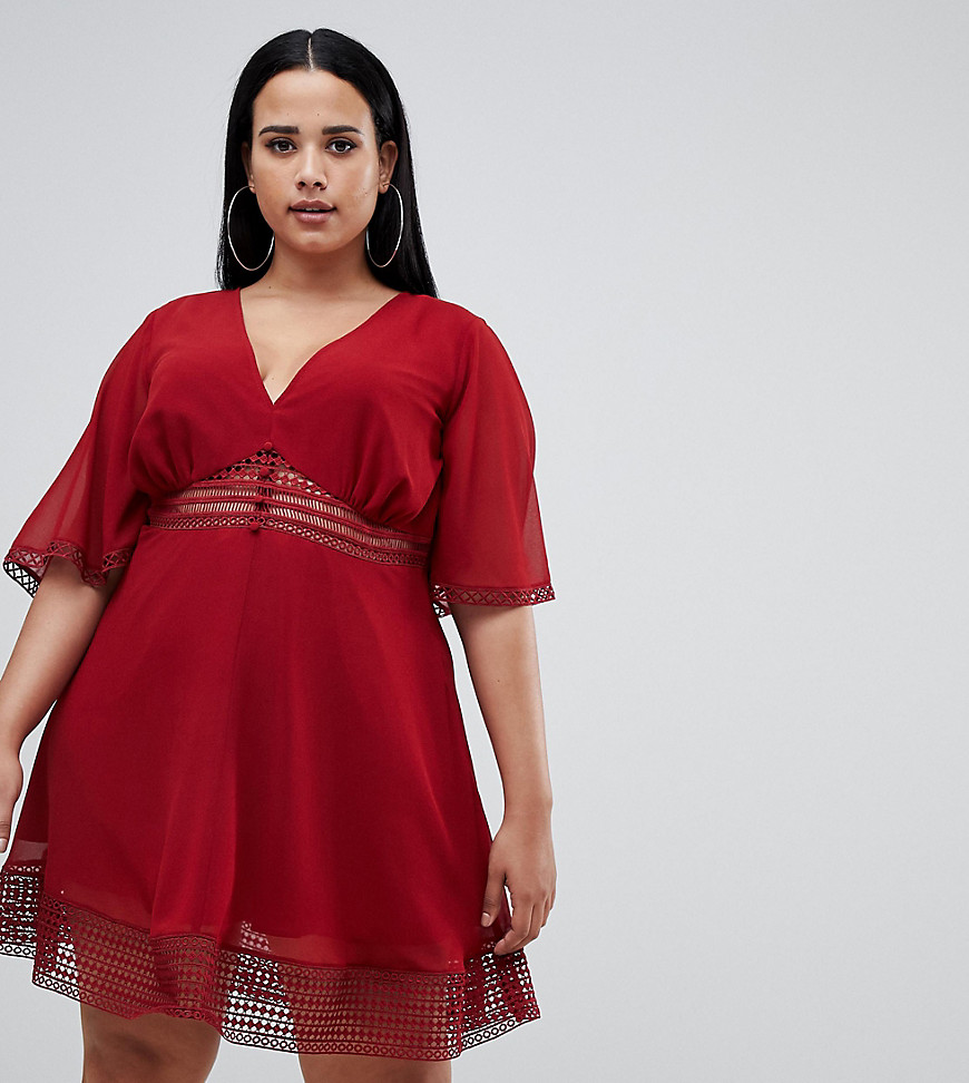 фото Чайное платье мини с кружевными вставками и пуговицами спереди asos design curve-красный asos curve