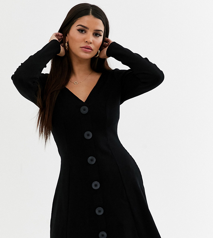 фото Черное чайное платье в рубчик с длинными рукавами asos design petite-черный asos petite