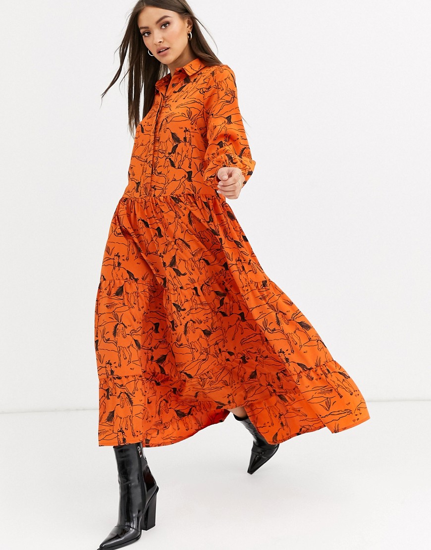фото Чайное ярусное платье макси с принтом neon rose-оранжевый