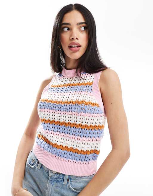 Chaleco a rayas multicolores con cuello redondo de punto de Brave Soul