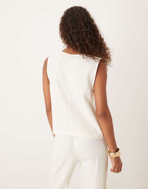 Chaleco blanco marfil anudado en la parte delantera de mezcla de lino de ASOS DESIGN (parte de un conjunto), 3 de 4