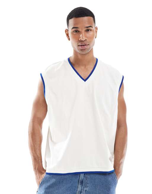 Chaleco color crema de corte cuadrado extragrande con ribetes azules de ASOS DESIGN